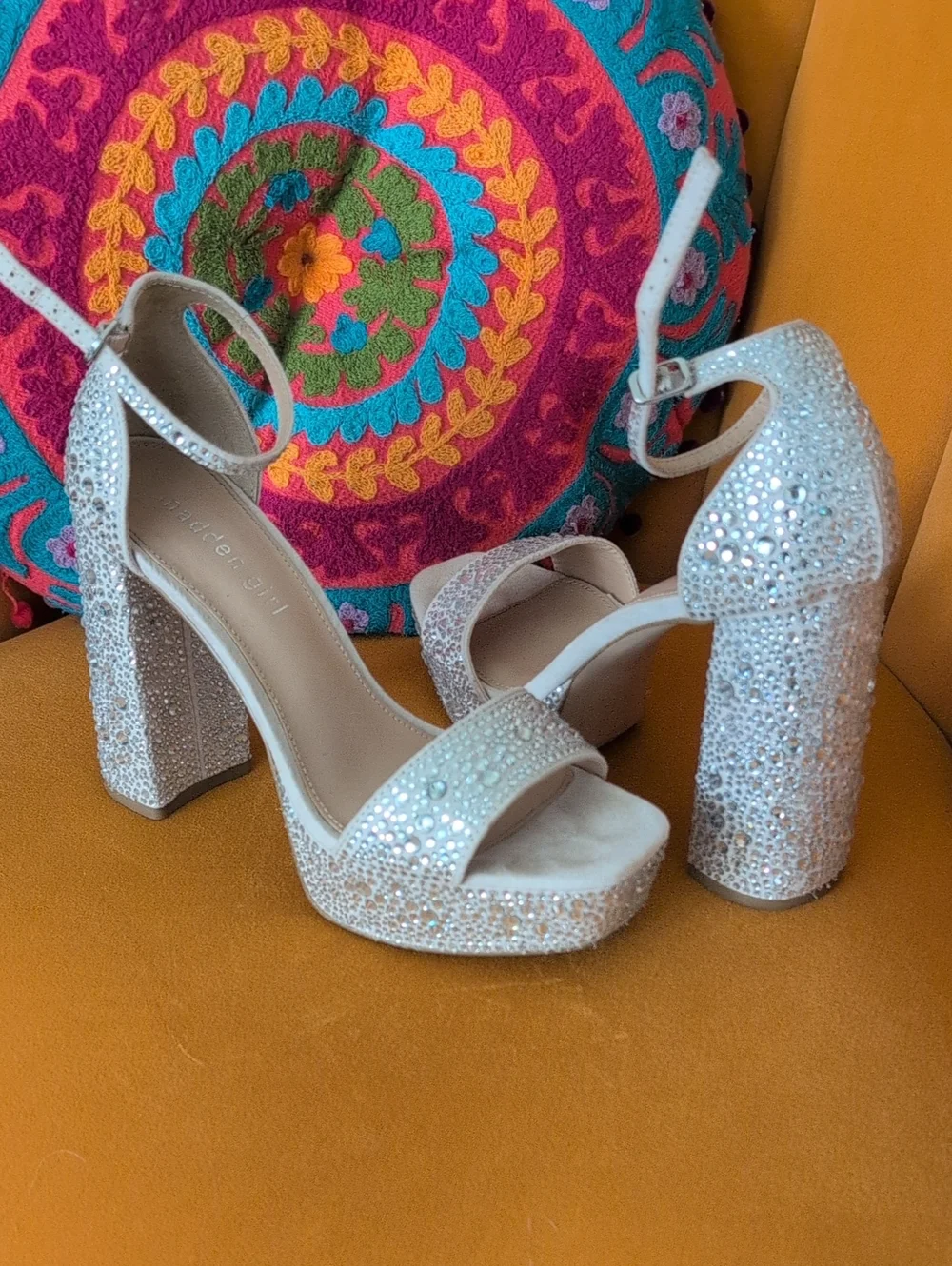 Madden Silver Rhinestone Platform Block Heel Sandals - Women